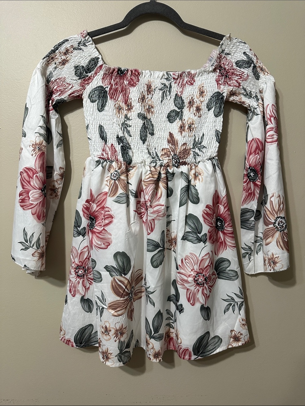 Shein White Floral Smocked Off-Shoulder Dress with Pink & Green Blooms
